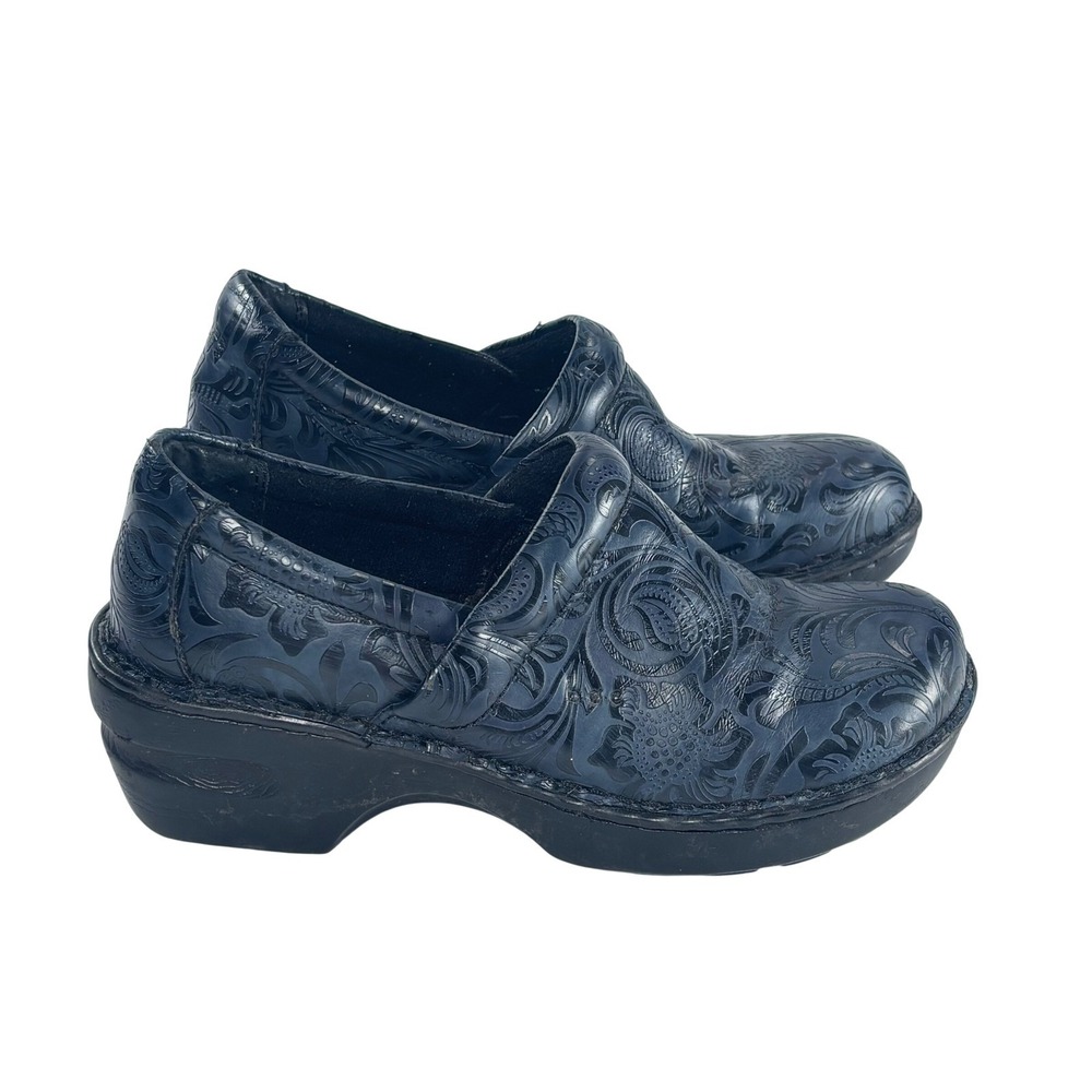 b.o.c. Born Floral Leather Clogs Peggy Navy Blue Embossed Slip On‎ Sz 7 M
